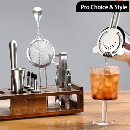 Premium 15-Piece Mixology Bartender Kit – Stainless Steel Cocktail Shaker Set with Wooden Stand | Professional Boston Shak...