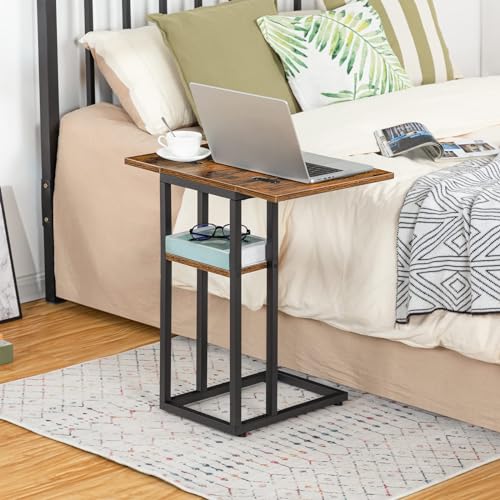 HOOBRO Foldable End Table, C Shaped Side Table with Storage Shelf, Small Snack Table Suitable for Living Room Bedroom Smal...