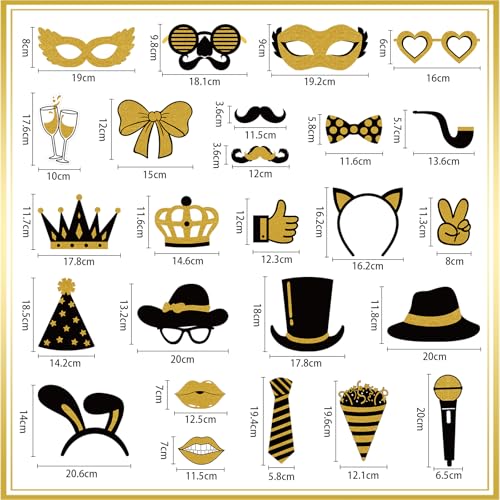 Photo Booth Props, Kaluofan 25PCS Black and Gold Party Decorations, Funny Photo Party Props Accessories for Adults and Kid...
