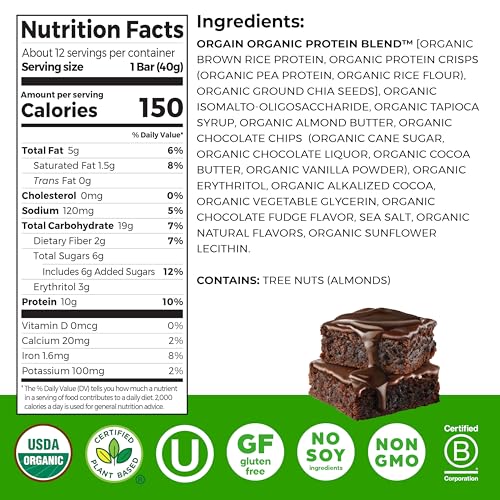 Orgain Organic Vegan Protein Bars, Chocolate Brownie - 10g Plant Based Protein, Low Calorie Healthy Snacks, No Lactose or ...