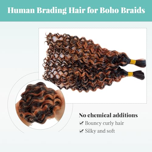 30 Inch Water Wave Boho Hair for Braiding Color #1B30 Human Braiding Hair for Boho Knotless Braids 2 Bundles 100G Deep Wave Natural Black with Brown Highlights Extensions Full Ends
