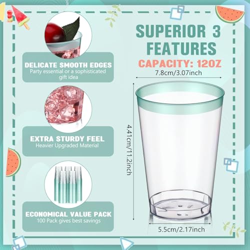 Patelai 100 Pcs Teal Blue Plastic Cups 12 oz Teal Blue Rimmed Plastic Cups Heavy Duty Disposable Wine Glasses Clear Cockta...