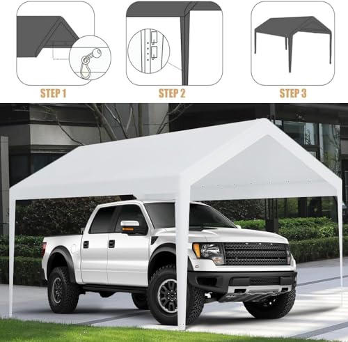 Rutile 10 x 20 FT Carport Replacement Cover, Heavy Duty Car Tarp Canopy Tent Garage Top Shelter With Fabric Leg Pole Skirt...