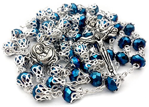 Deep Blue Glass Crystal Beads Rosary Necklace Holy Soil Medal Silver Plated New in Box