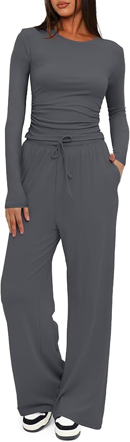 Darong Women's 2 Piece Outfits Lounge Sets 2026 Long Sleeve Tops Wide Leg Pants Casual Matching Set