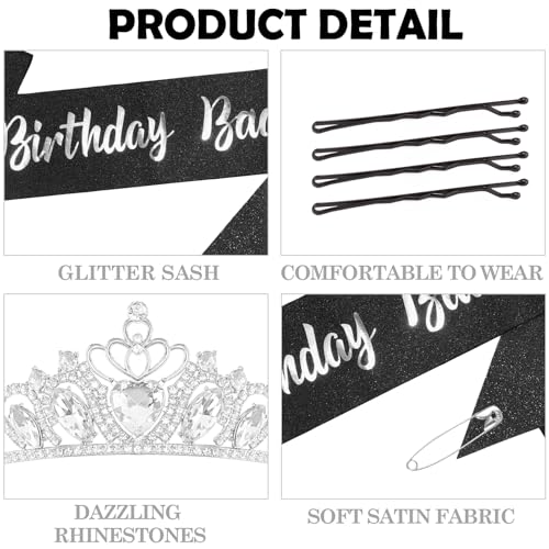 FASOTY Birthday Baddie Sash and Crown Tiara - Silver Crown and Glitter with Dazzling Foil Birthday Sash for Women Girls Fu...