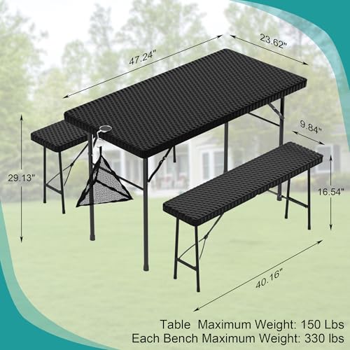 VECELO 3 Piece Folding Picnic Table with 2 Benches, 47.2" Faux Rattan Patio Set with Mesh Bag, Heat-Resistant & Waterproo...