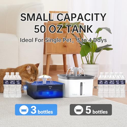 Veken Award-Winning Small Pet-Friendly Cat Water Fountain with Quiet Pump, Easy to Clean & Assemble, 50oz Mini Pet Water D...
