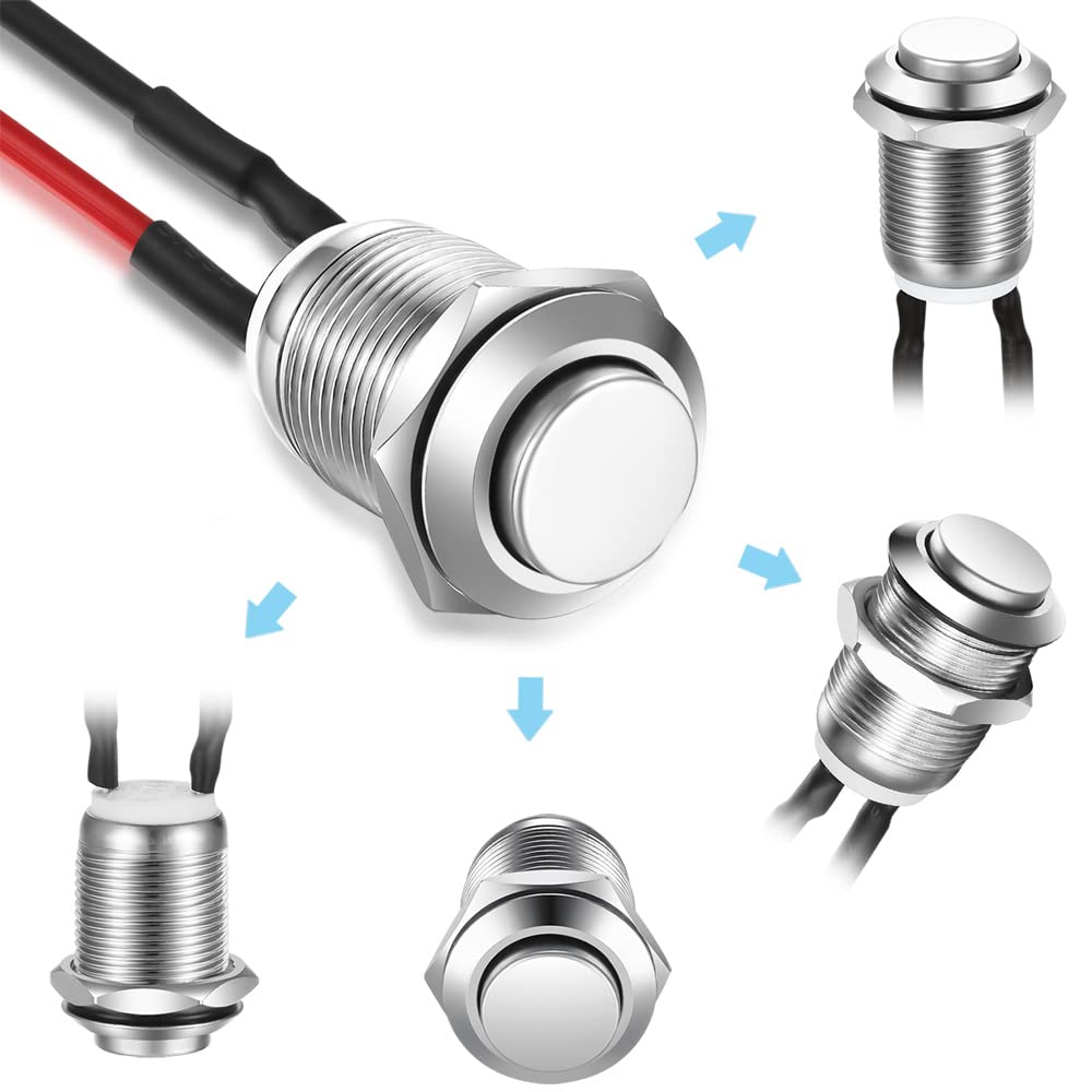 Gebildet 3 Pcs 12mm Prewired High Head Waterproof Push Button Latching 2A 12V/24V/125V/250V AC Self-Locking Stainless Steel Push Button On Off