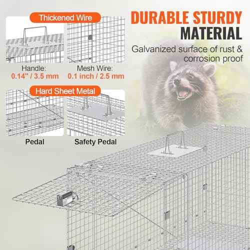 VEVOR Live Animal Cage Trap, 42" x 16" x 18" Humane Cat Trap Galvanized Iron, Folding Animal Trap Cage with Handle for Stray Dogs, Armadillos, Raccoons, Foxes