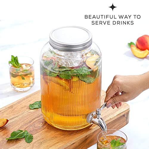 Fluted 1-Gallon Drink Dispenser. Glass Beverage Dispenser with Stainless steel Spigot plus Ice Cylinder and Fruit Infuser!...