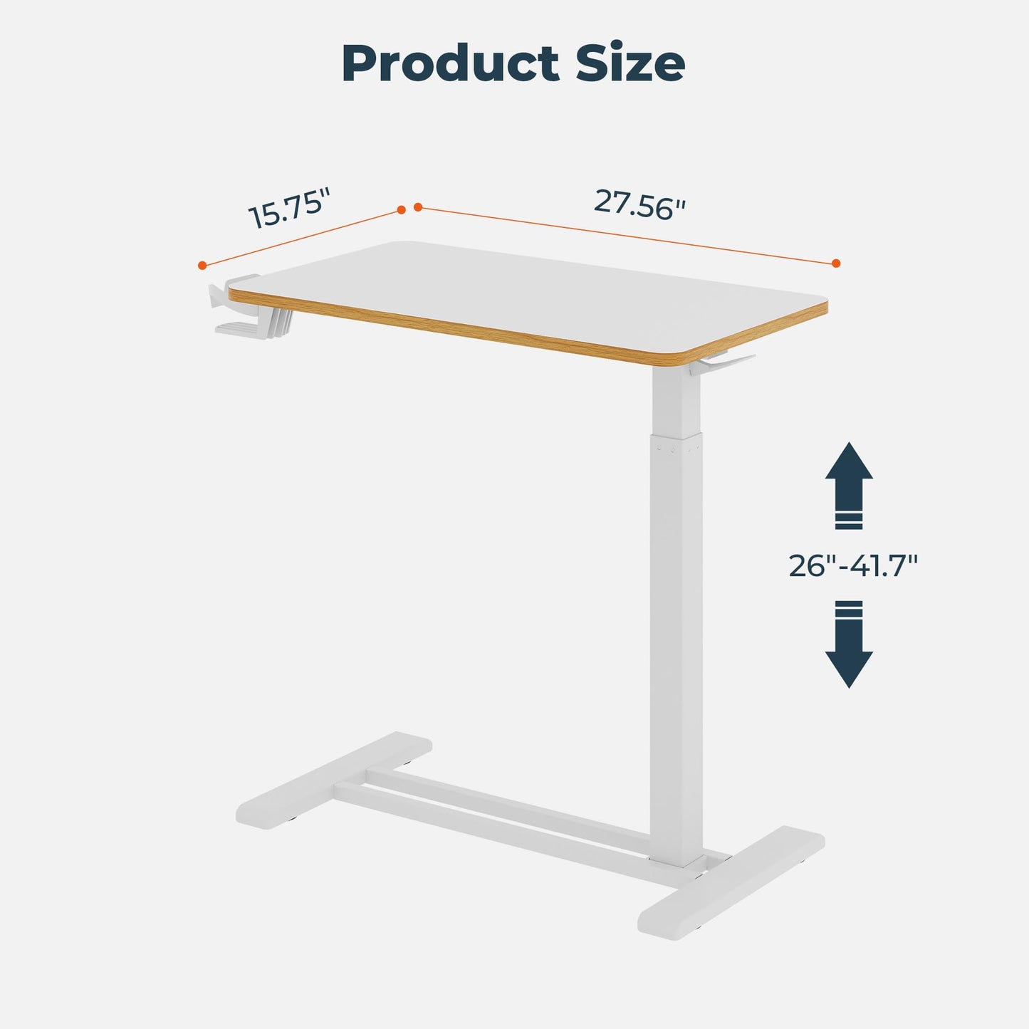 FitStand Medical Overbed Adjustable Bedside Table with Hidden Casters, Pneumatic Mobile Rolling Laptop Standing Desk with Tray for Home and Hospital Use, White