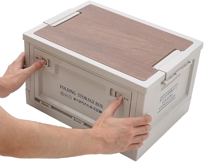 Storage Bin Tote, 55 Qt, Closet Organizer, Collapsible, Wood Lid, 2 Side Doors, Stackable, Plastic (Grey print + wooden lid + roller)