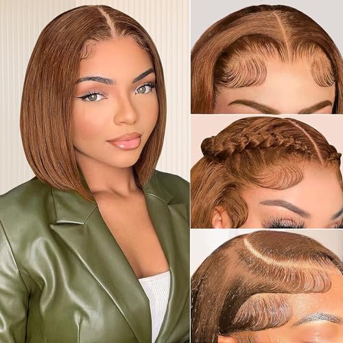 MUPRETTY 18A Raw Brown Bob Wigs Human Hair 4x4 Lace Closure Wig Brown Wig Human Hair Keep Silky And Smooth After Multiple Washes(14Inch)