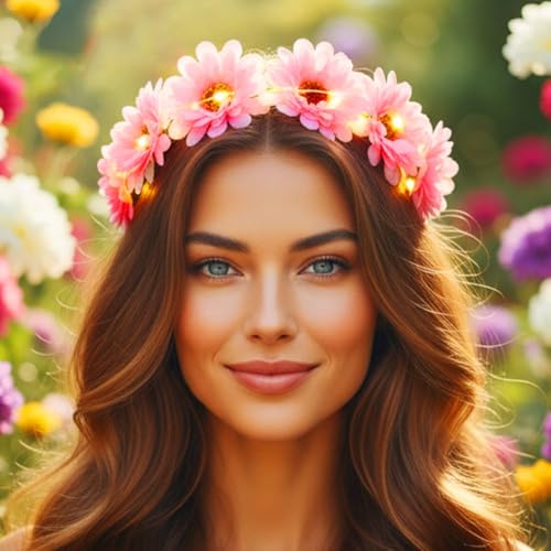 Kesvb Light Up Flower Headband LED Floral Wreath Crown Headbands Glowing Festival Garland Hair Accessories for Women (Pink)
