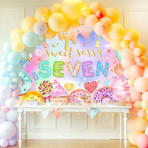 Mocsicka Sweet Sassy and Seven Birthday Backdrop Girls Sweet Candy Donut 7th Birthday Party Background Happy 7th Birthday ...