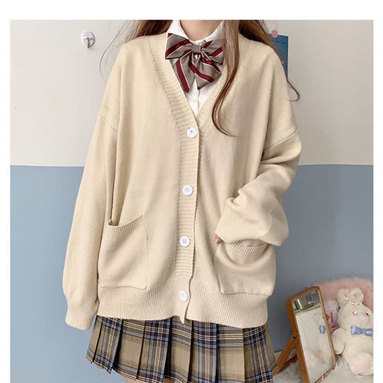 Preppy Aesthetic Clothes Cute Japanese School Sweater Kawaii Solid V-Neck Loose Knitted Cardigan JK Uniform Cosplay (M,Apricot)