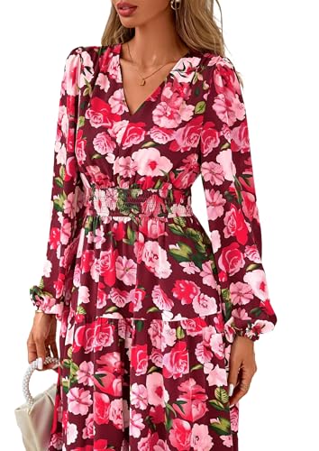 PRETTYGARDEN Long Sleeve Maxi Fall Dresses for Women 2026 Vneck Smocked Boho Floral Tiered Swing Flowy Wedding Guest Dress