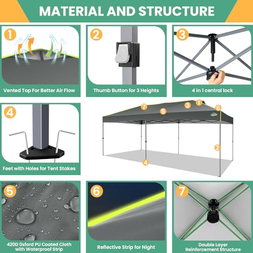 COBIZI 10x20 Pop Up Canopy Tent, Outdoor Party Tent with 6 Sidewall One Push Setup Glow, 3 Adjustable Height Air Vent Wate...