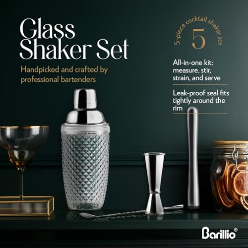 Barillio Glass Cocktail Shaker Set | 14 oz Cobbler Mixer with Bar Tools | Bartender Kit with Measuring Jigger, Mixing Spoo...