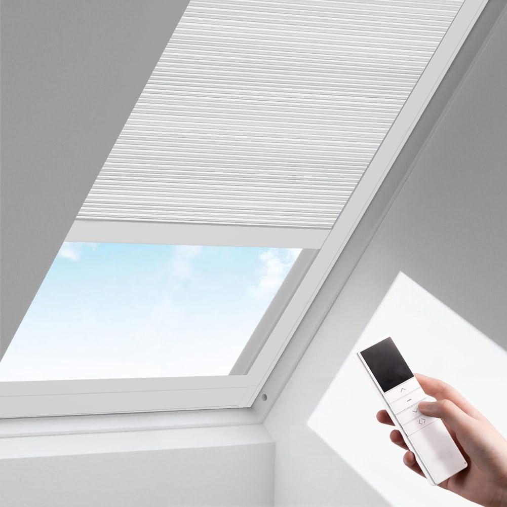 Zshine Motorized Cellular Shades Cordless Honeycomb Blinds Full Blackout Fabric Window Shades for Skylight (93021A Off White)