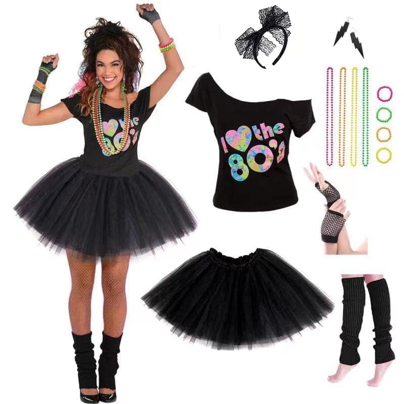 Women's 80's Costumes with Accessories Set Black Tutu Skirt Earrings Necklace Bracelets Fishnet Gloves Legwarmers Headband Medium(6-8) …