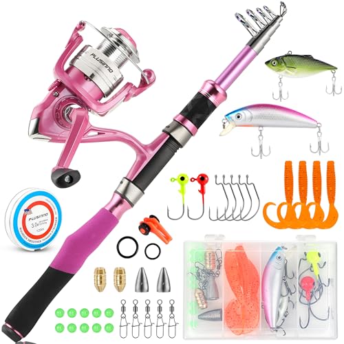 Fishing Rod and Reel Combos, Fishing Gear Gifts for Women with Spinning Reel, Lures, Line, Pink Ladies Telescopic Pole Kit...