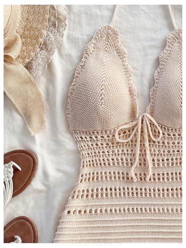 GORGLITTER Women's Crochet Halter Mini Dress Sundress Bow Tie Backless Bodycon Knit Dresses Summer Vacation Beach Outfits