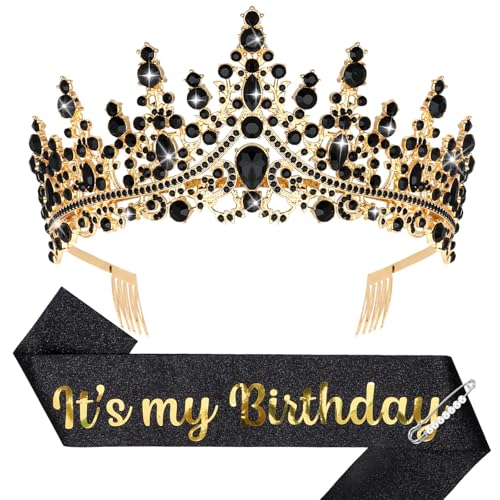 Crown and Glitter Sash for Adult Women - Princess Tiara, Hat, Headband for Birthday Parties - Black Decorations