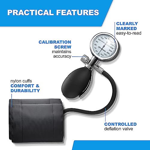 Primacare DS-9185 Aneroid Sphygmomanometer and Blood Pressure Cuff Set with Portable Case, 5 Sized Nylon Cuffs with Deflation Valve, BP Cuff Manual Kit for Infant, Child, Adult, Large Adult, Thigh