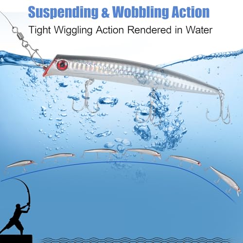 Saltwater Fishing Lures Kit, Surf Fishing Minnow Lures Jerkbait Popper Plugs Deep Diving Hard Baits Treble Hooks for Strip...