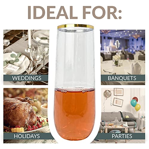 Reli. Champagne Flutes Plastic | 25 Pack | 9 oz - Gold Rim Clear | Stemless Premium Plastic Champagne Flutes | Party-Perfe...