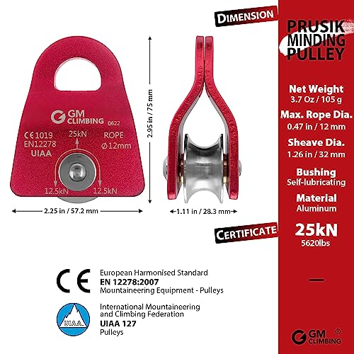GM CLIMBING Micro Prusik Minding Pulley 25kN CE UIAA Certified 12mm Single Pulley Mobile Side Plates for Arborist Rigging ...