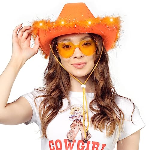 Funcredible Light Up Cowboy Hat and Glasses – LED Cowgirl Hat with Feathers – Cowgirl Costume Accessories for Women