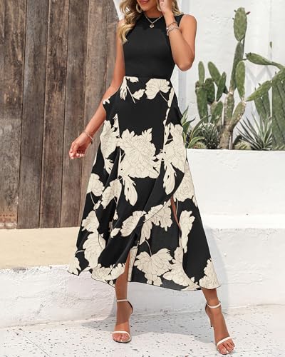 BTFBM Women Casual Sleeveless Summer Dresses 2026 Spring Crewneck Patchwork Boho Floral Ruffle Cocktail Party Midi Dress