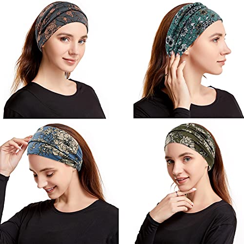 YONUF Wide Boho Headbands for Women Fashion Knotted Headband Yoga Workout Hair Accessories African Head Wrap 4 Pack
