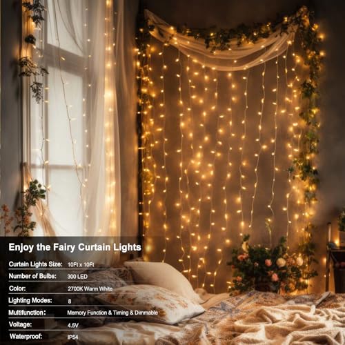 echosari 300 LED Curtain Lights Battery Operated, 9.8ft×9.8ft Hanging Light with Remote Timer Fairy Curtain Lights for Bed...