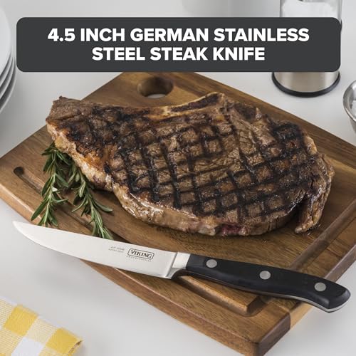 Viking Kitchen Steak Knife. 4.5 Inch Serrated German Stainless Steel, Razor Sharp, Ergonomic Handle, Black