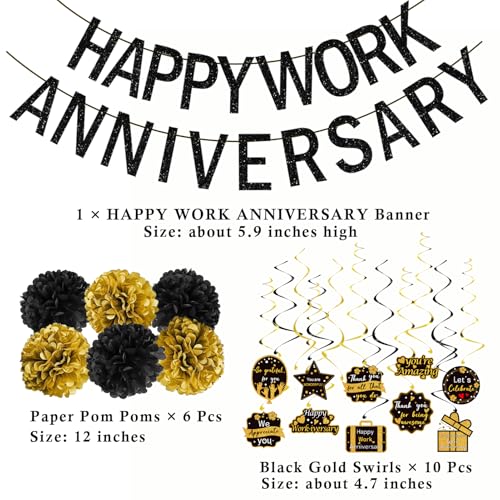 Tintisfafa Happy Work Anniversary Decorations Black Gold, Happy Anniversary Banner for Employee, Work Anniversary Workiver...