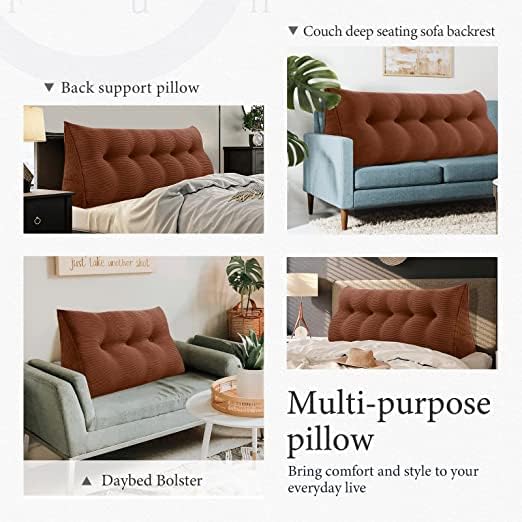 Wedge Headboard Pillow Dorm Room Reading Pillow Back Support for Sitting Up in Bed Bolster Lumbar Cushion Body Positioning Bedrest Corduroy (Coffee, Queen (59 * 8 * 20in))
