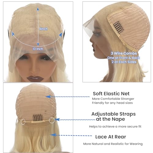 Ubetta White Blonde Lace Front Bob Wig Human Hair, Platinum Blonde 13x6 Lace Front Wigs Human Hair Pre Plucked White Blond Bob Wigs for Women 14 Inch 180% Density Bleachd Knots Swiss HD Lace