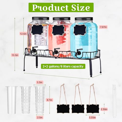 Lallisa 3 Pcs 2 Gallon Glass Drink Dispenser with Stand and Lid Mason Jar Beverage Dispenser with Stainless Steel Spigot, ...