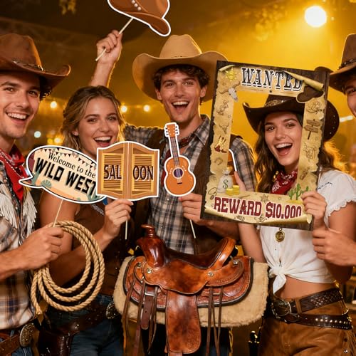 SKJIAYEE 25 Pcs Brown Western Cowboy Cowgirl Party Decorations - Large Size Western Wanted Photo Booth Frame and Wild West...