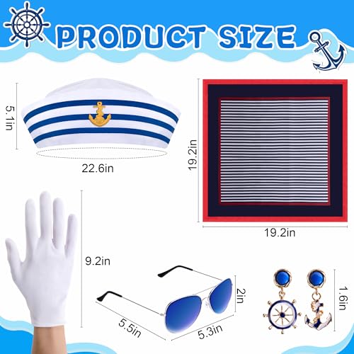 Watayo 5 Pcs Halloween Nautical Sailor Hat and Scarf Cosplay Outfit, Yacht Captain Sailor Cap Scarf Sunglasses Gloves Earr...