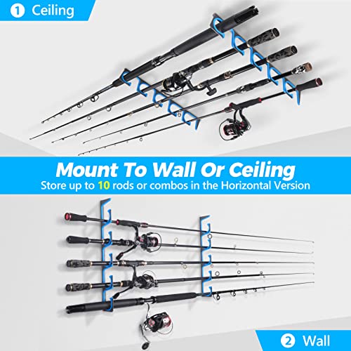 PLUSINNO H5 Horizontal Fishing Rod/Pole Holders for Garage, Wall or Ceiling Mounted Fishing Rod Rack, Aviation Aluminum Fi...