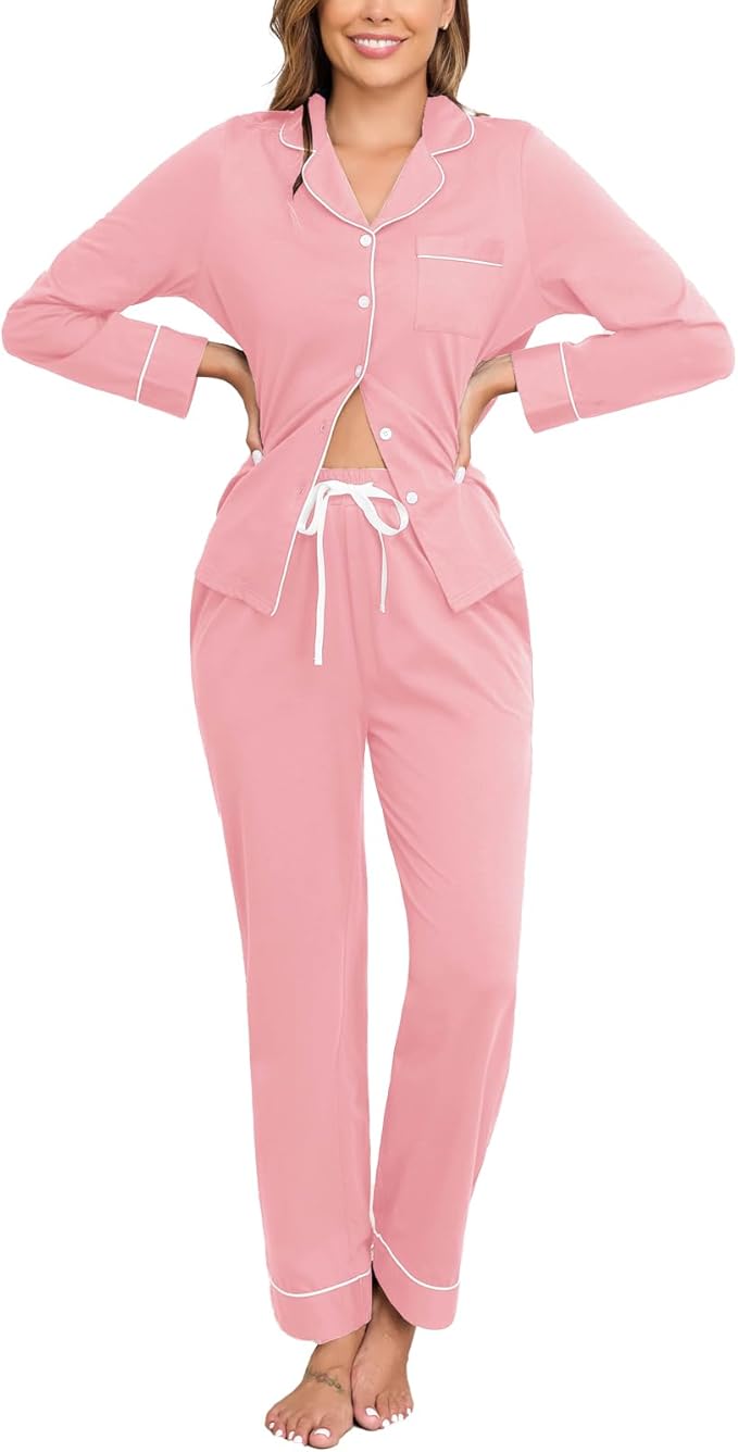 Veseacky 100% Cotton Pajamas for Women Set Long Sleeve Button Down Sleepwear Soft Pjs Lounge Sets with Pockets XS-XXL