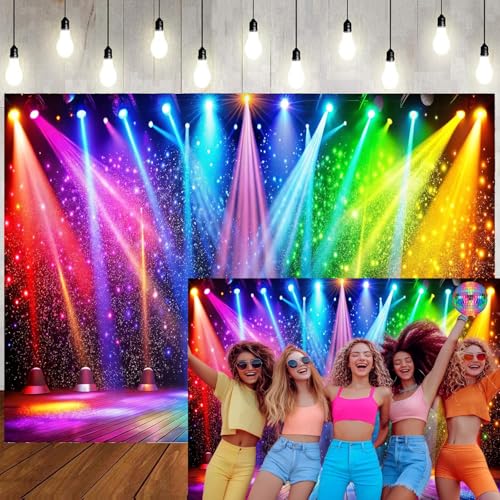 LTLYH 7x5ft Fabric Disco Rainbow Stage 70s 80s 90s Backdrop Vintage Lights Photography Background Rock Music Club Neon Glo...