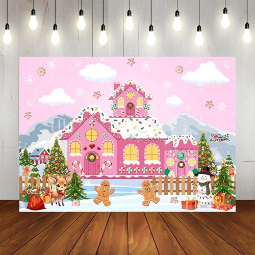 Fitumiw Pink Gingerbread House Backdrop 7x5ft Merry Christmas Photography Background Party Decorations Pink Candy House Ba...