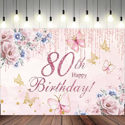 ASDCXZ 5x3ft Happy 80th Birthday Backdrop for Women Flowers Photography Background Pink Floral Golden Butterfly Grandma 80...