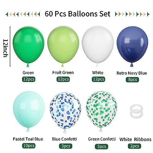60Pcs Blue and Green Balloons, 12 Inch Navy Blue Fruit Green Confetti Balloons Teal Blue White Latex Balloon for Kids Birt...